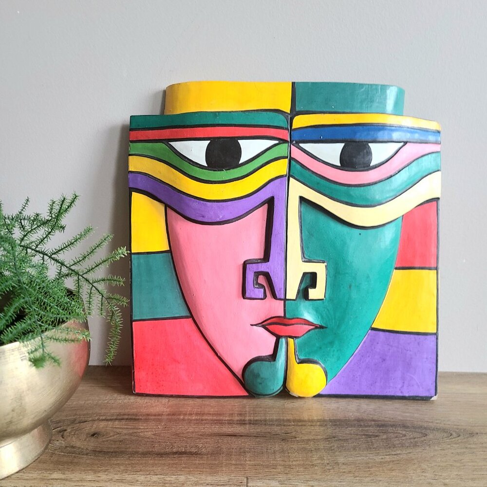 Wooden Abstract Multicolored Face Mask Wall Hanging. Looks like Laurel Burch.